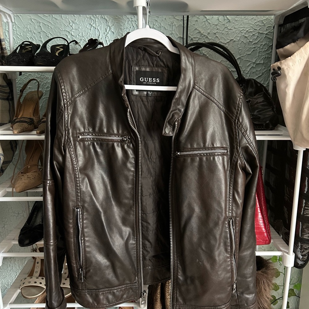 GUESS Men's Dark Brown Leather Jacket